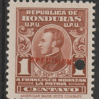 Honduras 1941 Obligatory Tax - General Morazan 1c red-brown optd SPECIMEN with security punch hole (ex ABN Co archives) unmounted mint as SG 408*