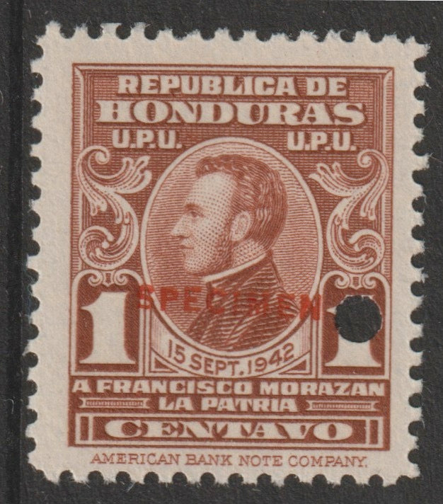 Honduras 1941 Obligatory Tax - General Morazan 1c red-brown optd SPECIMEN with security punch hole (ex ABN Co archives) unmounted mint as SG 408*