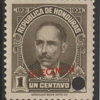 Honduras 1931 Pres Baraona 1c sepia optd SPECIMEN (13mm x 2mm) with security punch hole (ex ABN Co archives) unmounted mint as SG 319*