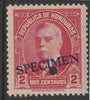 Honduras 1931 Bonilla 2c carmine optd SPECIMEN (20mm x 3mm) with security punch hole (ex ABN Co archives) unmounted mint as SG 320
