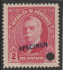 Honduras 1931 Bonilla 2c carmine optd SPECIMEN (13mm x 2mm) with security punch hole (ex ABN Co archives) unmounted mint as SG 320*