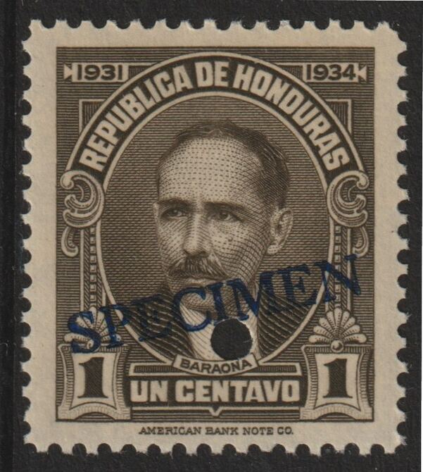 Honduras 1931 Pres Baraona 1c sepia optd SPECIMEN (20mm x 3mm) with security punch hole (ex ABN Co archives) unmounted mint as SG 319