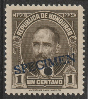 Honduras 1931 Pres Baraona 1c sepia optd SPECIMEN (20mm x 3mm) with security punch hole (ex ABN Co archives) unmounted mint as SG 319