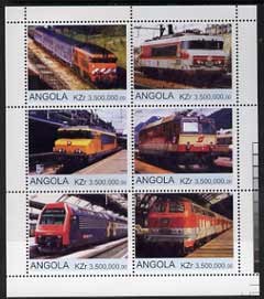 Angola 2000 Modern Trains #01 perf sheetlet containing set of 6 unmounted mint