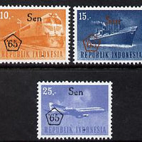 Indonesia 1965 Revalued set of 3 (Plane, Ship & Train) unmounted mint SG 1074-75*