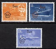 Indonesia 1965 Revalued set of 3 (Plane, Ship & Train) unmounted mint SG 1074-75*