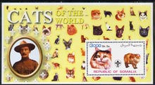 Somalia 2002 Domestic Cats of the World perf s/sheet #09 with Scout Logo & Baden Powell in background, unmounted mint