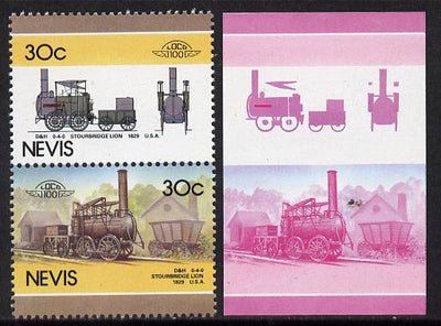 Nevis 1986 Locomotives #5 (Leaders of the World) Stourbridge Lion Loco (SG 352-3) 30c unmounted mint se-tenant imperf progressive proof pair in magenta & blue plus normal issued pair