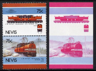 Nevis 1986 Locomotives #5 (Leaders of the World) Bi-Polar Loco (SG 354-5) 75c unmounted mint se-tenant imperf progressive proof pair in magenta & blue plus normal issued pair