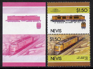 Nevis 1986 Locomotives #5 (Leaders of the World) Union Pacific Gas Turbine Loco (SG 356-7) $1.50 unmounted mint se-tenant imperf progressive proof pair in magenta & blue plus normal issued pair