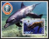 Rwanda 2005 Dinosaurs perf m/sheet #03 with Scout Logo, background shows Dolphins & Jules Verne, fine cto used