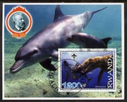 Rwanda 2005 Dinosaurs perf m/sheet #03 with Scout Logo, background shows Dolphins & Jules Verne, fine cto used