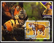 Rwanda 2005 Dinosaurs (Sabre Tooth Tiger) perf m/sheet #04 with Scout Logo, background shows Tiger & Baden Powell, fine cto used