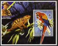 Rwanda 2005 Parrots perf m/sheet with Scout Logo, background shows Chameleon & Baden Powell, fine cto used