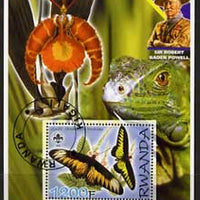 Rwanda 2005 Butterflies perf m/sheet with Scout Logo, background shows Reptile, Orchid & Baden Powell, fine cto used