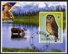 Rwanda 2005 Tawney Owl perf m/sheet with Scout Logo, background shows Moose & Baden Powell, fine cto used