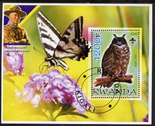 Rwanda 2005 Eagle Owl perf m/sheet with Scout Logo, background shows Butterfly, Flower & Baden Powell, fine cto used
