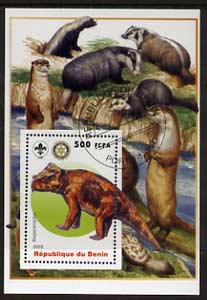 Benin 2005 Dinosaurs #02 - Bagaceraptor perf m/sheet with Scout & Rotary Logos, background shows Badgers, Otters & Beavers fine cto used