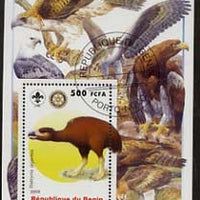 Benin 2005 Dinosaurs #03 - Diatryma gigantea perf m/sheet with Scout & Rotary Logos, background shows various Birds of Prey fine cto used