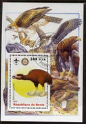 Benin 2005 Dinosaurs #03 - Diatryma gigantea perf m/sheet with Scout & Rotary Logos, background shows various Birds of Prey fine cto used