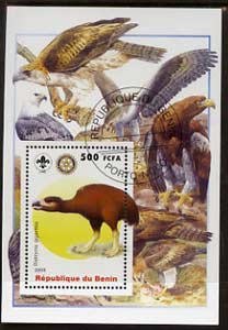 Benin 2005 Dinosaurs #03 - Diatryma gigantea perf m/sheet with Scout & Rotary Logos, background shows various Birds of Prey fine cto used