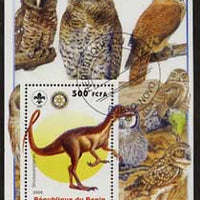 Benin 2005 Dinosaurs #04 - Sinosauropteryx perf m/sheet with Scout & Rotary Logos, background shows various Owls fine cto used