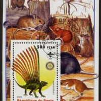 Benin 2005 Dinosaurs #07 - Longisquama perf m/sheet with Scout & Rotary Logos, background shows various Rodents fine cto used