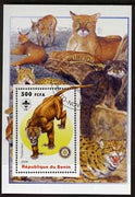 Benin 2005 Dinosaurs #09 - Thylacoleo perf m/sheet with Scout & Rotary Logos, background shows various Big Cats fine cto used