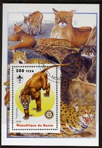 Benin 2005 Dinosaurs #09 - Thylacoleo perf m/sheet with Scout & Rotary Logos, background shows various Big Cats fine cto used