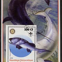 Congo 2005 Dinosaurs #02 - Coccosteus perf m/sheet with Scout & Rotary Logos, background shows various Fish fine cto used
