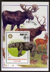 Congo 2005 Dinosaurs #03 - Eobasileus perf m/sheet with Scout & Rotary Logos, background shows various Deer fine cto used