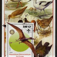 Congo 2005 Dinosaurs #04 - Eudimorphodon perf m/sheet with Scout & Rotary Logos, background shows various Birds fine cto used