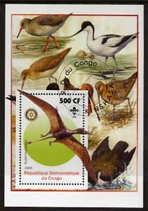 Congo 2005 Dinosaurs #04 - Eudimorphodon perf m/sheet with Scout & Rotary Logos, background shows various Birds fine cto used