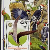 Congo 2005 Dinosaurs #05 - Anurognathus perf m/sheet with Scout & Rotary Logos, background shows various Woodpeckers fine cto used