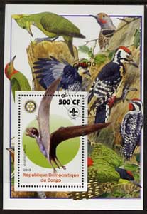 Congo 2005 Dinosaurs #05 - Anurognathus perf m/sheet with Scout & Rotary Logos, background shows various Woodpeckers fine cto used