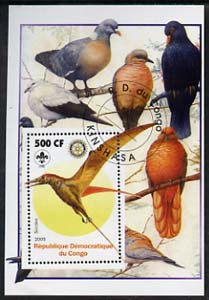 Congo 2005 Dinosaurs #08 - Sordes perf m/sheet with Scout & Rotary Logos, background shows various Pigeons fine cto used