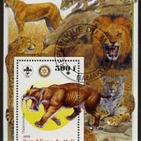 Mali 2005 Dinosaurs #02 - Thylacosmilus (Sabre Toothed Tiger) perf m/sheet with Scout & Rotary Logos, background shows various Big Cats fine cto used