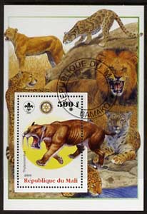 Mali 2005 Dinosaurs #02 - Thylacosmilus (Sabre Toothed Tiger) perf m/sheet with Scout & Rotary Logos, background shows various Big Cats fine cto used