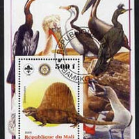 Mali 2005 Dinosaurs #07 - Dimetrodon perf m/sheet with Scout & Rotary Logos, background shows various Birds fine cto used
