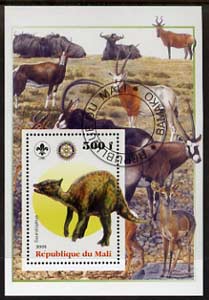 Mali 2005 Dinosaurs #09 - Saurolophus perf m/sheet with Scout & Rotary Logos, background shows various Antelope fine cto used