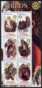 Somalia 2002 Owls perf sheetlet containing six values each with Rotary Logo, unmounted mint