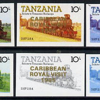 Tanzania 1985 Locomotive 3107 10s value (SG 431) unmounted mint imperf set of 6 progressive colour proofs each with 'Caribbean Royal Visit 1985' opt in gold*