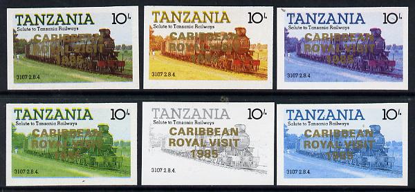 Tanzania 1985 Locomotive 3107 10s value (SG 431) unmounted mint imperf set of 6 progressive colour proofs each with 'Caribbean Royal Visit 1985' opt in gold*