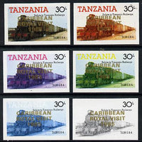 Tanzania 1985 Locomotive 3129 30s value (SG 433) unmounted mint imperf set of 6 progressive colour proofs each with 'Caribbean Royal Visit 1985' opt in gold*