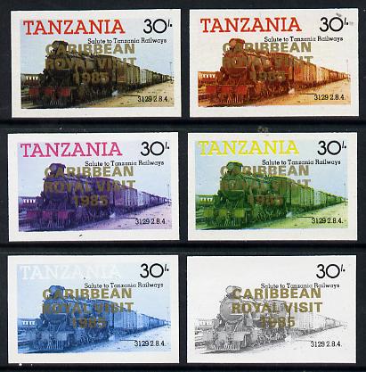 Tanzania 1985 Locomotive 3129 30s value (SG 433) unmounted mint imperf set of 6 progressive colour proofs each with 'Caribbean Royal Visit 1985' opt in gold*