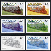 Tanzania 1985 Locomotive 3107 10s value (SG 431) unmounted mint imperf set of 6 progressive colour proofs each with 'Caribbean Royal Visit 1985' opt in silver*