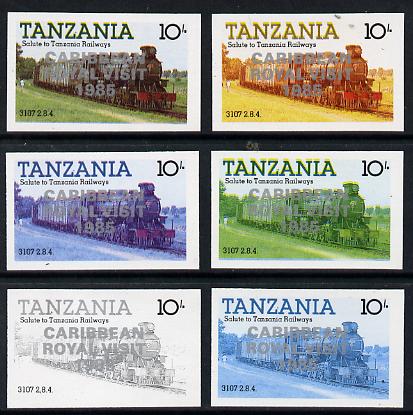 Tanzania 1985 Locomotive 3107 10s value (SG 431) unmounted mint imperf set of 6 progressive colour proofs each with 'Caribbean Royal Visit 1985' opt in silver*
