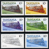 Tanzania 1985 Locomotive 3107 10s value (SG 431) unmounted mint perf set of 6 progressive colour proofs each with 'Caribbean Royal Visit 1985' opt in silver*