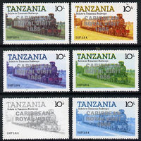 Tanzania 1985 Locomotive 3107 10s value (SG 431) unmounted mint perf set of 6 progressive colour proofs each with 'Caribbean Royal Visit 1985' opt in silver*