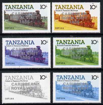 Tanzania 1985 Locomotive 3107 10s value (SG 431) unmounted mint perf set of 6 progressive colour proofs each with 'Caribbean Royal Visit 1985' opt in silver*